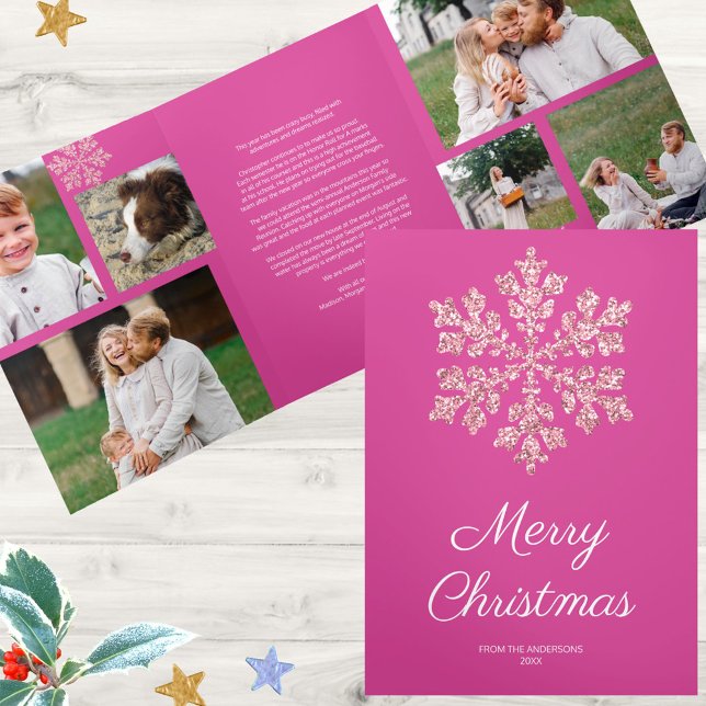 Snowflake Berry Bling 6 Pic Merry Multi Foto Dreifach Gefaltete Urlaubskarte (Bright pink is the Christmas color trend and these personalized photo cards deliver the pink)