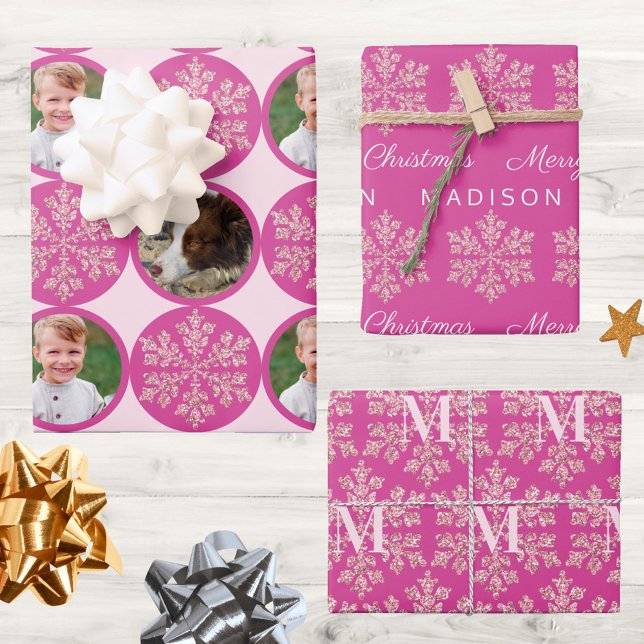 Snowflake Berry Bling Classic 2 Foto Weihnachten Geschenkpapier Set (This deep pink and faux sparkle snowflakes wrapping paper assortment is so cute for Christmas)