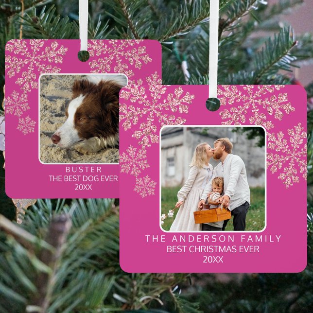 Snowflake Berry Bling Elegante 2 Foto Weihnachten Ornament Aus Metall (Personalized 2 photo Christmas ornaments in trendy pink are perfect for gifting)