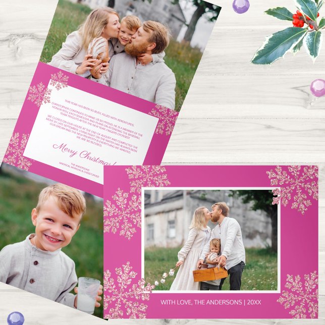 Snowflake Berry Bling Elegante 5 Bilder Collage Dreifach Gefaltete Urlaubskarte (Showcase 5 of your favorite photos in these personalized Christmas Cards)