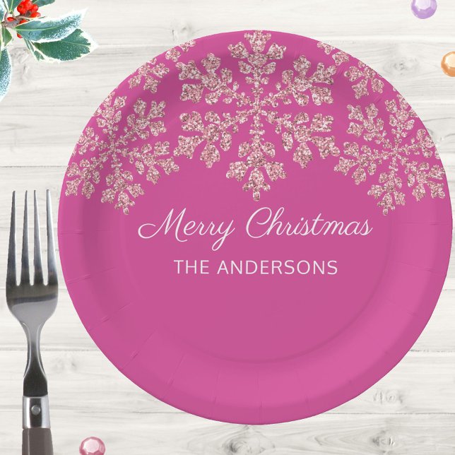 Snowflake Berry Bling Feier Weihnachten Pappteller (Add these elegant dark pink and faux sparkle snowflake paper plates to your holiday event table)