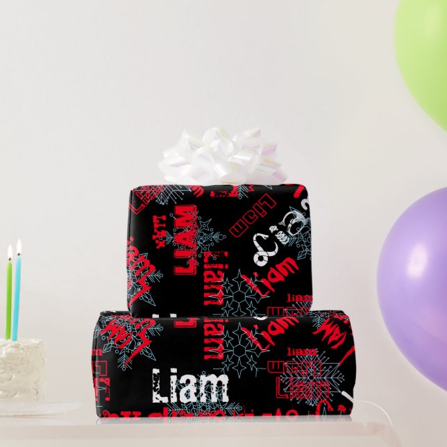 Snowflake Black Gift Wrap Name ändern Rot, weiß Geschenkpapier (Partygeschenke)