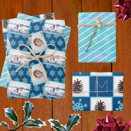 Snowflake Blue Opal Pinstripes 3 Foto Weihnachten Geschenkpapier Set