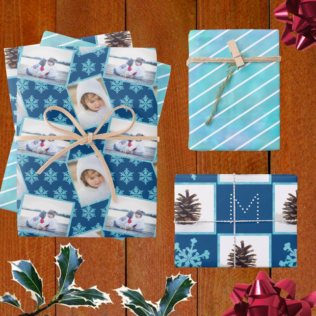 Snowflake Blue Opal Pinstripes 3 Foto Weihnachten Geschenkpapier Set (Von Creator hochgeladen)