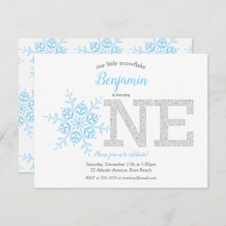Snowflake Blue Silver Glitzer Winter 1. Geburtstag Einladung