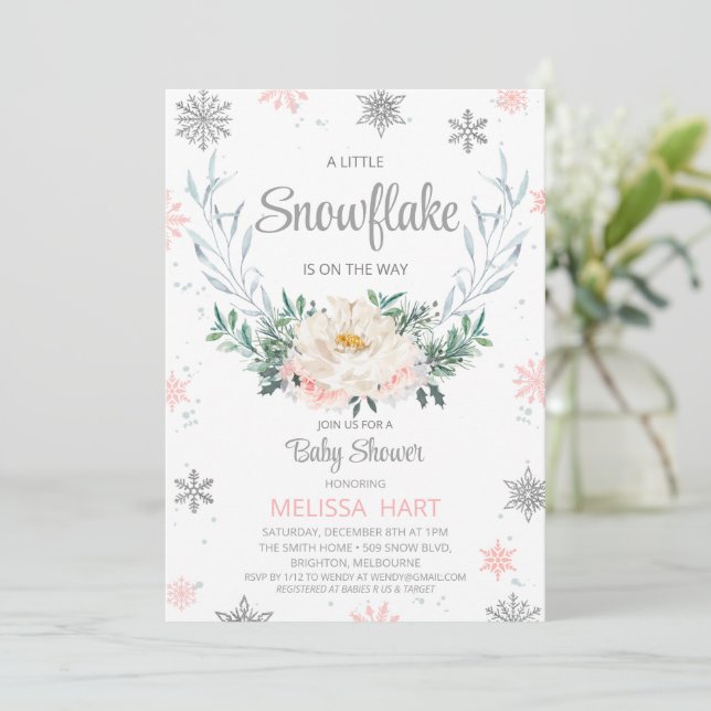 Snowflake Blumenstrauß Winter Girls Babydusche Einladung (Stehend Vorderseite)