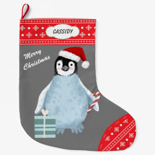 Snowflake Border Niedlich Pinguin Candy Cane Großer Weihnachtsstrumpf
