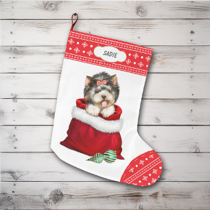 Snowflake Border Yorkie Überraschung Großer Weihnachtsstrumpf