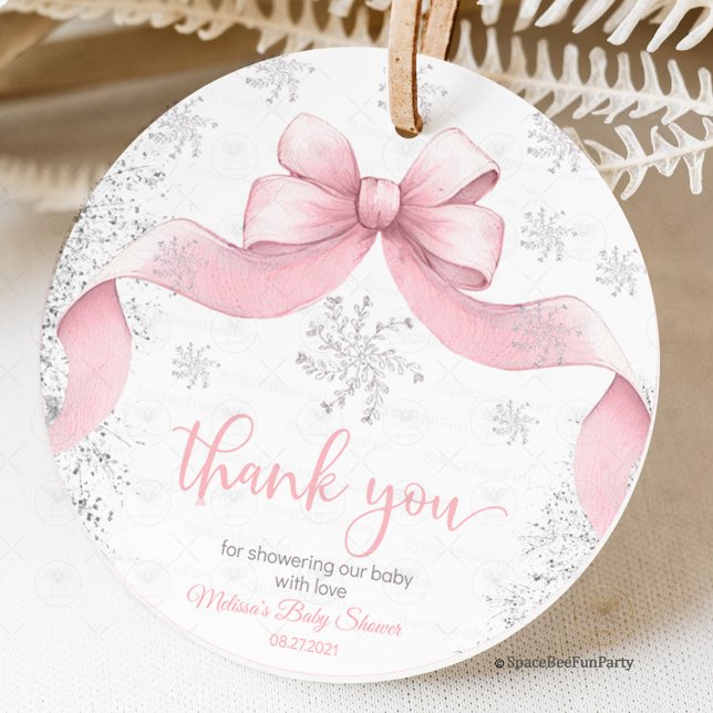 Snowflake Bow baby shower Geschenkanhänger (snowflake favor tag,baby shower,a little snowflake,is on the way,bow gir pink,winter invitation,gift)