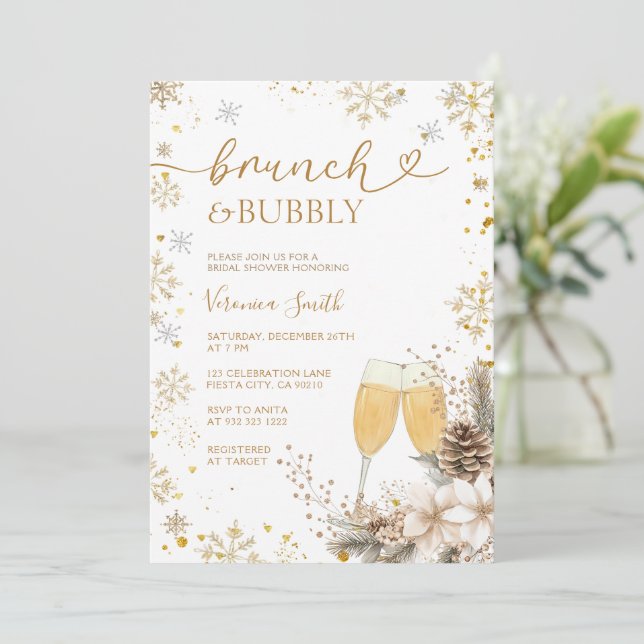 Snowflake-Brunch & Bubbly-Champagner-Junggesellinn Einladung (Stehend Vorderseite)