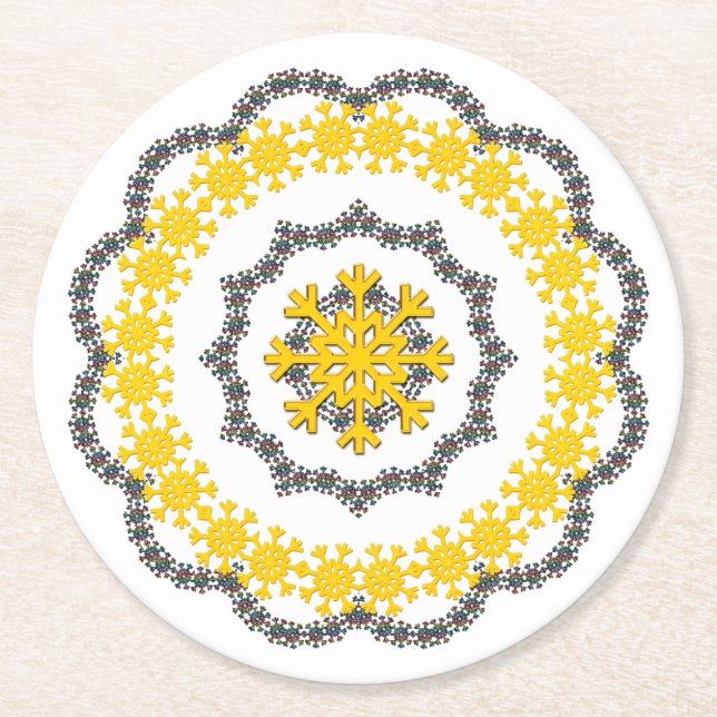 Snowflake Circle Holiday Gold RedGreen White Lacey Runder Pappuntersetzer (Vorderseite)