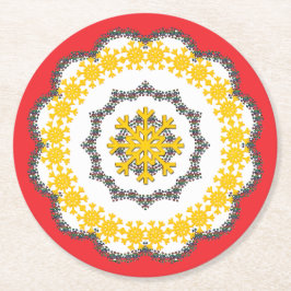Snowflake Circle Holiday Lacey Gold auf Rot Runder Pappuntersetzer