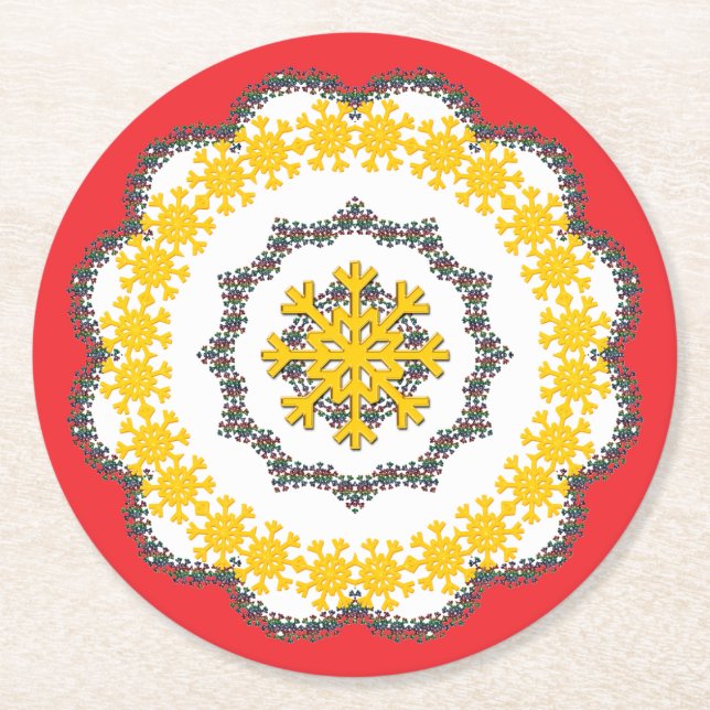 Snowflake Circle Holiday Lacey Gold auf Rot Runder Pappuntersetzer (Vorderseite)