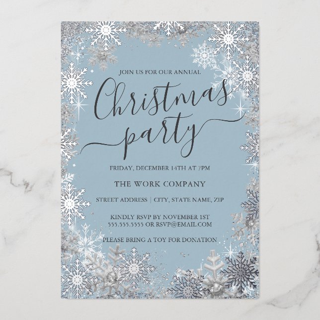 Snowflake Dusty Blue Silver Christmas Work Party Folieneinladung (Vorderseite)