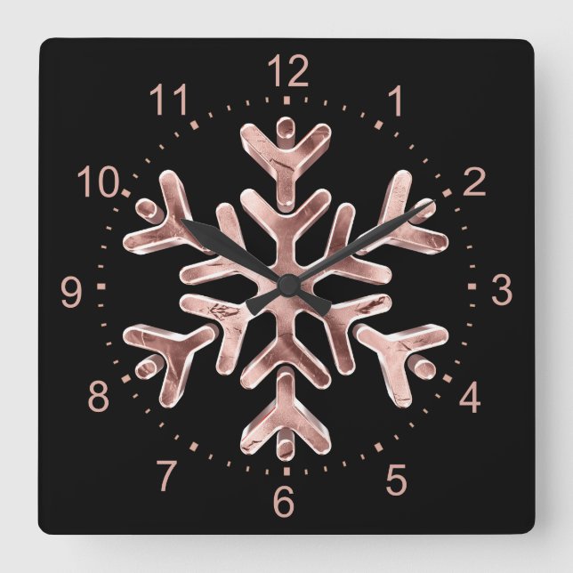 Snowflake Elegante Schwarz und Rose Quadratische Wanduhr (Vorderseite)