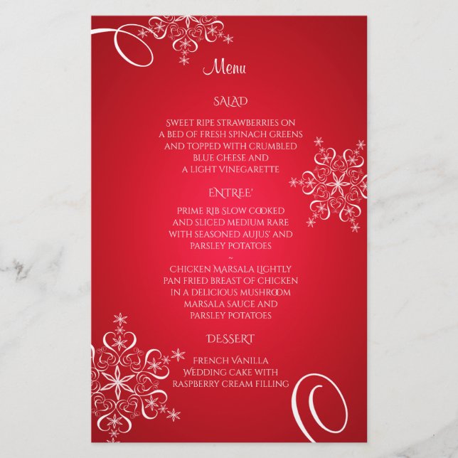 Snowflake Elegante Wedding Menu Rot (Vorderseite)