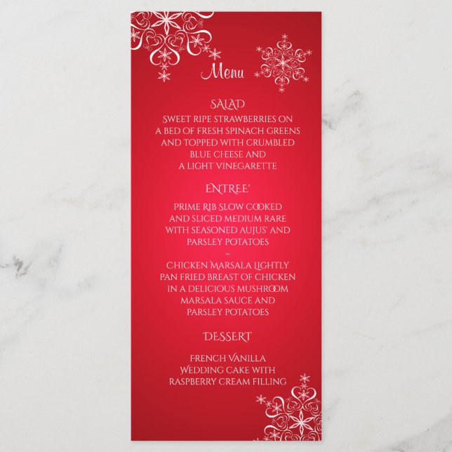 Snowflake Elegante Wedding Menu Rot Menükarte (Vorderseite)