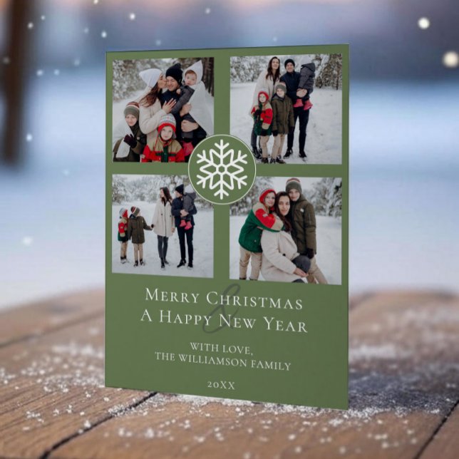 Snowflake Emblem Foto Collage | Green Feiertagskarte (Green Snowflake Emblem Photo Collage Holiday Photo Card)