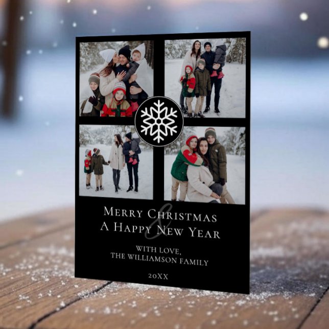 Snowflake Emblem Foto Collage | Schwarz Feiertagskarte (Black Snowflake Emblem Photo Collage Holiday Photo Card)
