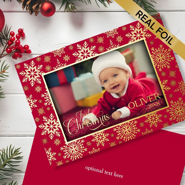 Snowflake-Foto Folien Feiertagskarte (Snowflake Photo Frame Foil Holiday Card - gold and red)