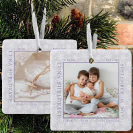 Snowflake Foto Frame Baby Birth Stats Lavendel Keramikornament