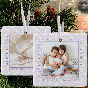 Snowflake Foto Frame Baby Birth Stats Lavendel Keramikornament