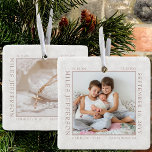 Snowflake Foto Frame Baby Birth Stats Natural Keramikornament<br><div class="desc">Babygeburt steht für Foto-Ornament mit zarten, weißen Schneeflocken auf einem weichen natürlichen Hintergrund. Die Fotovorlage steht Ihnen zur Verfügung, Ihr Baby-Foto hinzuzufügen, das mit Ihren Neugeborenen-Statistiken gerahmt ist. Sie können das gleiche Foto oder ein anderes Bild auf der Rückseite hinzufügen, beide werden im quadratischen Format angezeigt. Wenn Sie Probleme mit...</div>