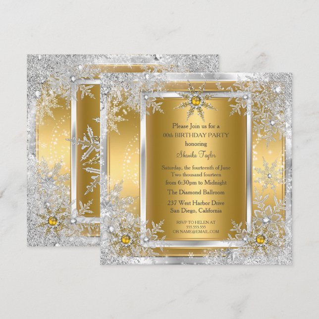 Snowflake Gold Silber Winter Wonderland Party 2 Einladung (Vorne/Hinten)