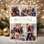 Snowflake Gold White 5 Foto Collage Weihnachten<br><div class="desc">Modern Simple Elegant Calligraphy Gold und White Snowflake 5 Foto Collage Frohe Weihnachts Script Holiday Card. Dieses festliche, minimalistische, skurrile 5 (5) Foto Feiertagskarte Template verfügt über eine hübsche Gitter Foto Collage, etwas Schneeflocke und sagt "Frohe Weihnachten"! Der "Frohe Weihnachten"-Grußtext ist in einem handgeschriebenen Schriftart-Schrift in Gold auf weißem Hintergrund...</div>