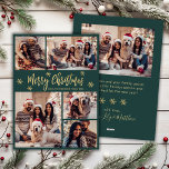 Snowflake Green und Gold 5 Foto Collage Weihnachte Feiertagskarte<br><div class="desc">Modern Simple Elegant Calligraphy Green und Gold Schneeflocken 5 Foto Collage Frohe Weihnachts Script Holiday Card. Dieses festliche, minimalistische, skurrile 5 (5) Foto Feiertagskarte Template verfügt über eine hübsche Gitter Foto Collage, etwas Schneeflocke und sagt "Frohe Weihnachten"! Der "Frohe Weihnachten"-Grußtext ist in einem handgeschriebenen Schriftart-Schrift in Gold auf grünem Hintergrund...</div>
