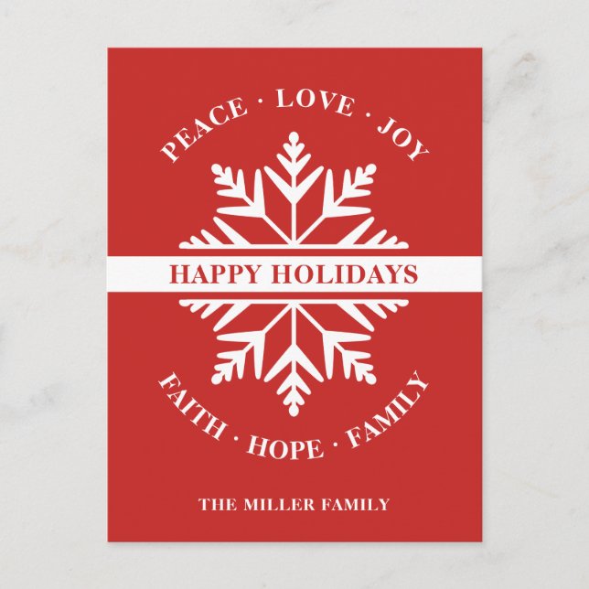 Snowflake Holiday Peace Liebe Joy Faith Hope Postkarte (Vorderseite)