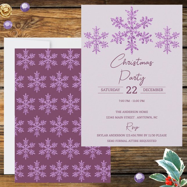 Snowflake Lila Glam Elegante Festival (Trendy purple snowflakes Christmas Party invitations personalized by you for your holiday gala)