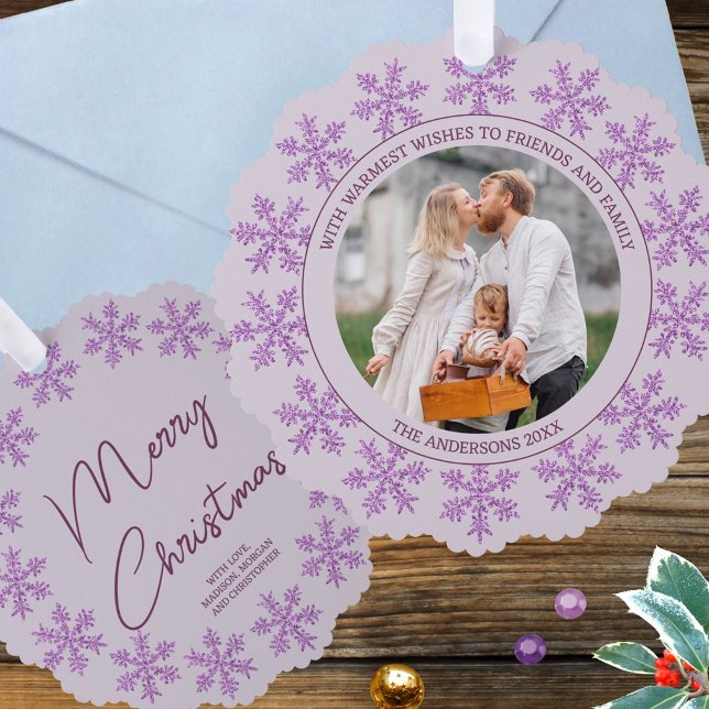 Snowflake Lila Glam Elegantes Foto Ornament Karte (Add your photo & text to these fun purple snowflake ornament cards for a festive Christmas surprise)