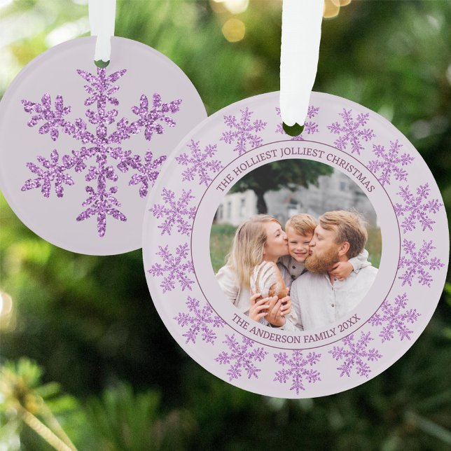 Snowflake Lila Glam Niedliches Weihnachtsrundfunk  Ornament (Double sided Christmas ornament with your photo and text & a single purple snowflake on the reverse)