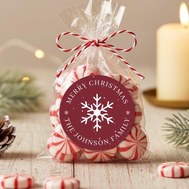Snowflake Merry Christmas Winter Holiday Dark Red Runder Aufkleber (Snowflake Merry Christmas Winter Holiday Dark Red Classic Round Sticker
)