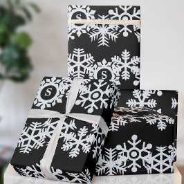 Snowflake Monogram Black Christmas Wrapping Paper Geschenkpapier