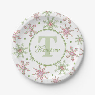 Snowflake Monogram Modern Holiday Weihnachten Pappteller