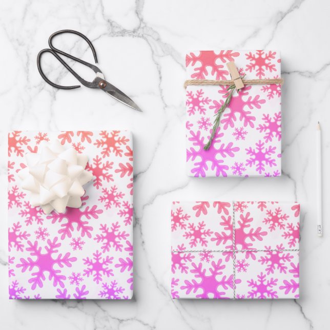 Snowflake Muster Pink Lila Weihnachtsfeiertag Geschenkpapier Set (Vorderseite)