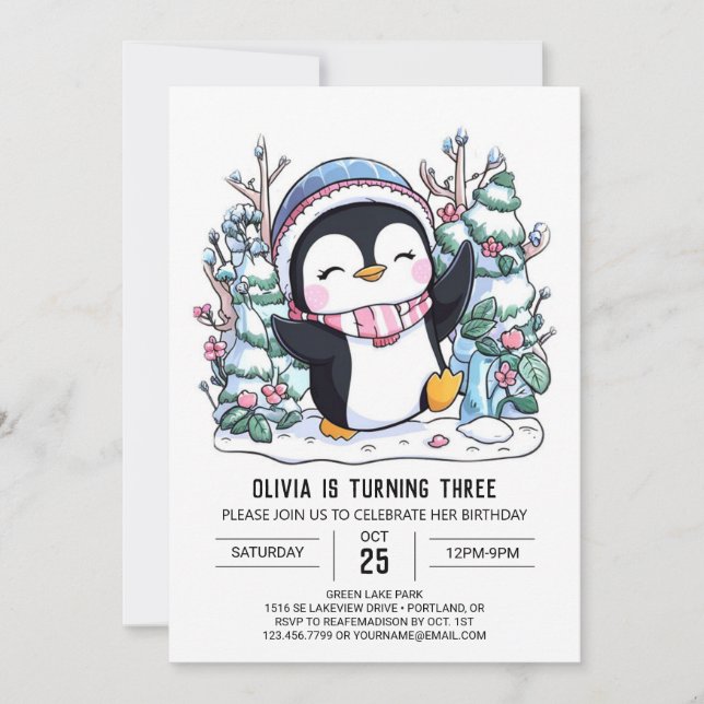 Snowflake Niedlich Pinguin Digital Geburtstag Einladung (Vorderseite)