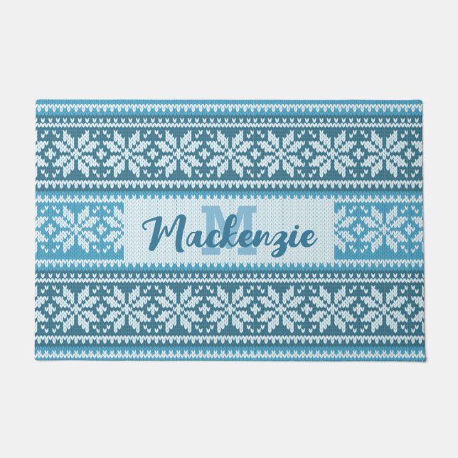 Snowflake Nordic Blue Sweater Muster Personalisier Fußmatte (Vorderseite)