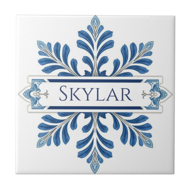 Snowflake pattern blue & white holiday custom name fliese (Vorderseite)