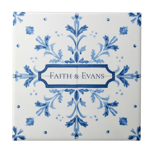 Snowflake pattern blue & white holiday custom name fliese (Vorderseite)