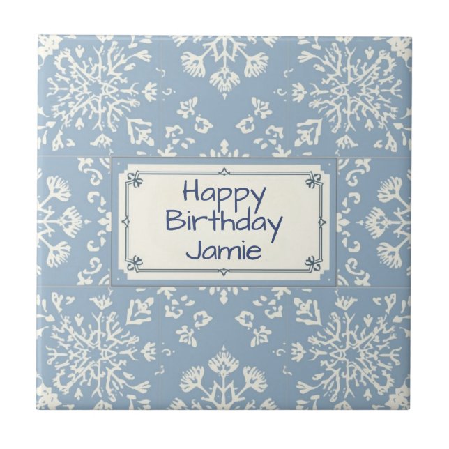 Snowflake pattern blue & white holiday custom name fliese (Vorderseite)