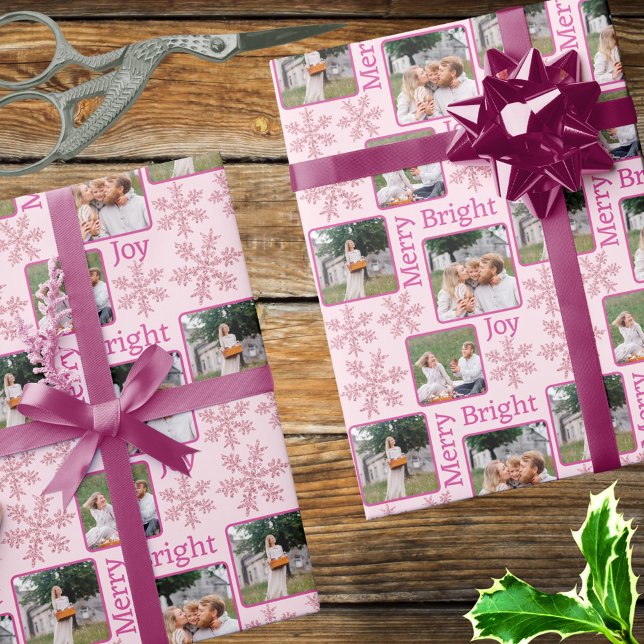 Snowflake Pink Glam 3 Foto Collage Weihnachten Geschenkpapier (Add your favorite photos to this pink snowflake design for custom designer Christmas wrapping paper)