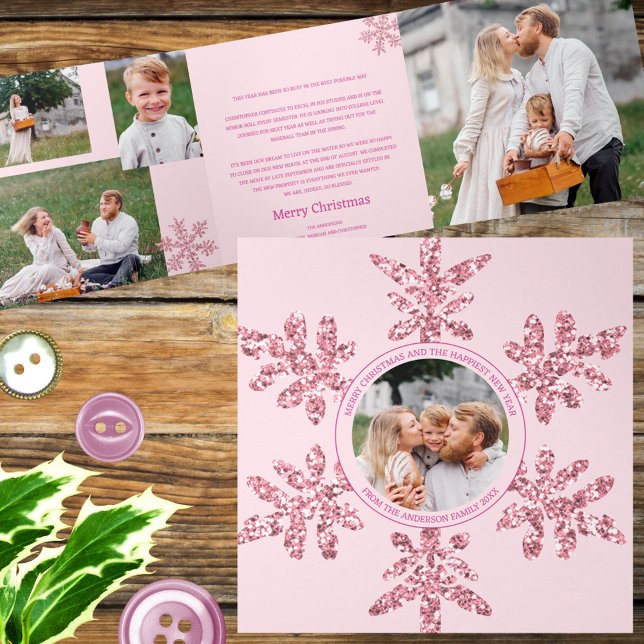 Snowflake Pink Glam Einzigartiges 7 Pic Multi-Foto Dreifach Gefaltete Urlaubskarte (Personalizing is as easy as adding your photos and text via the templates)