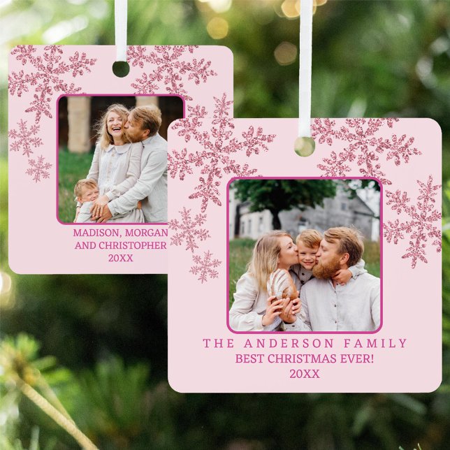 Snowflake Pink Glam Elegante 2 Foto Weihnachten Ornament Aus Metall (Custom double sided 2 photo ornament so you can display two separate pictures on your Christmas tree)