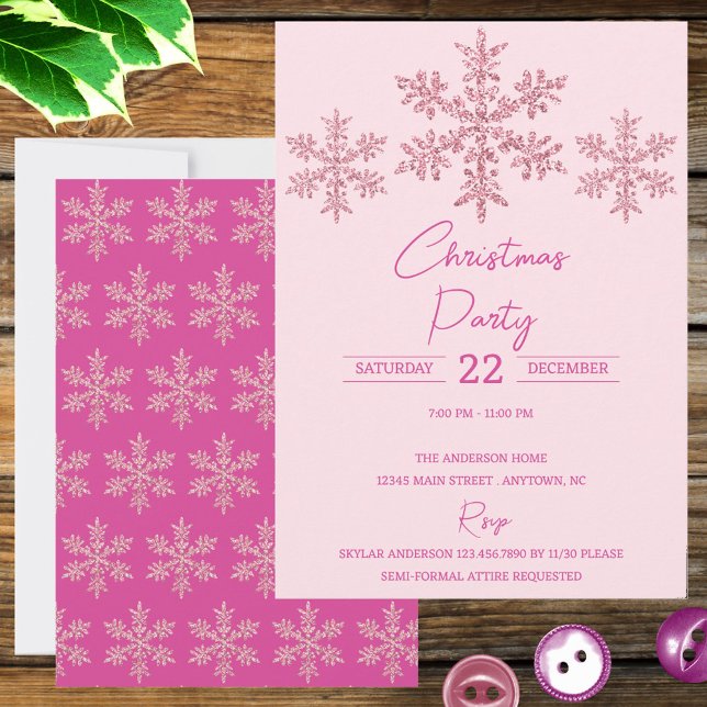Snowflake Pink Glam Elegante Festival (Planning the perfect Christmas party? These pink snowflake holiday invitations make a statement)