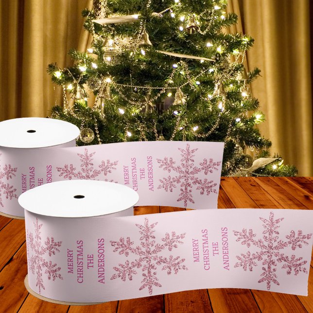 Snowflake Pink Glam Elegante Trendy Weihnachten Satinband (Add your text to this glam faux glitter pink snowflake ribbon and add a designer touch to your gifts)