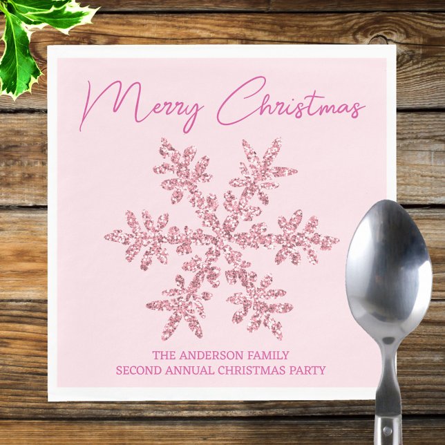 Snowflake Pink Glam Minimales Weihnachtsfest Party Serviette (Pink snowflake paper napkins perfect for holiday parties, lunches, dinners and brunches.)