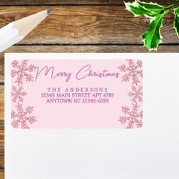 Snowflake Pink Glam Modern Script Weihnachten Adressaufkleber
